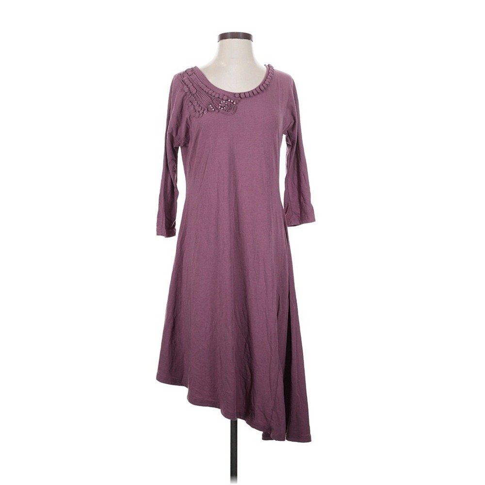 Garnet Hill Mauve‎ Stretch Jersey Knit Dress Asymmetric Hemline Embellished Neck